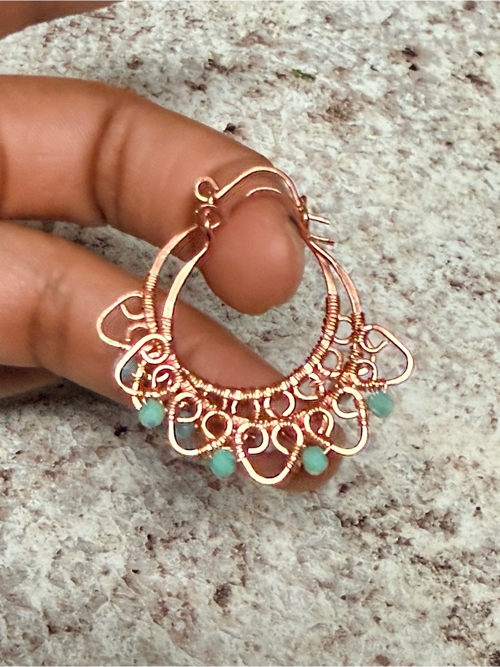 Exotic Handcrafted Filigree Hoop Earrings with Aqua Beads Accents